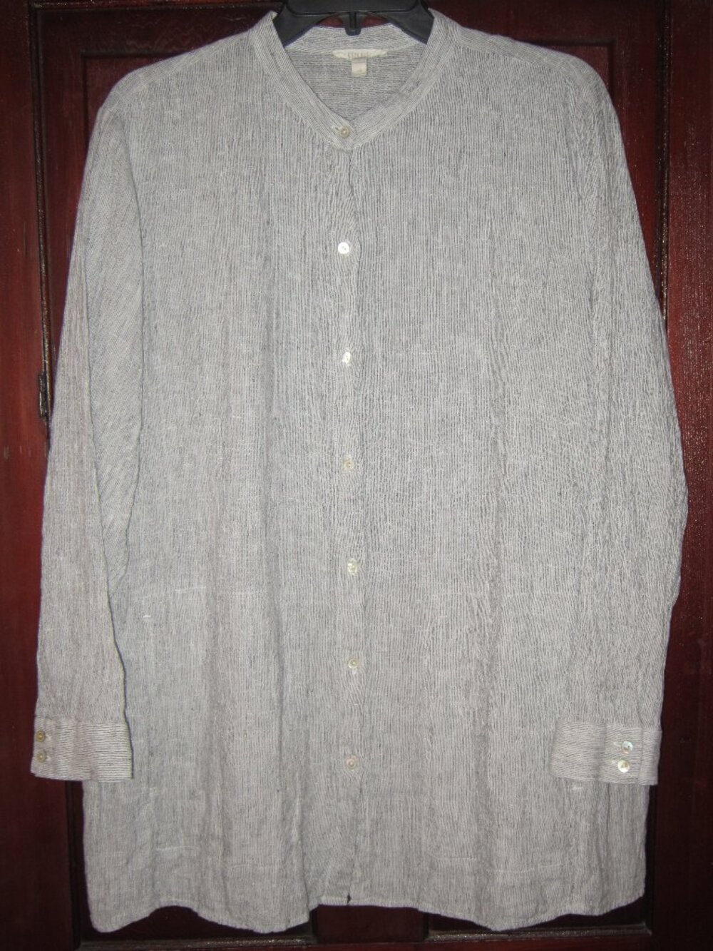 Eileen Fisher L 100% Linen Tunic Top Blouse Shirt Crinkled Textured Pockets Gray